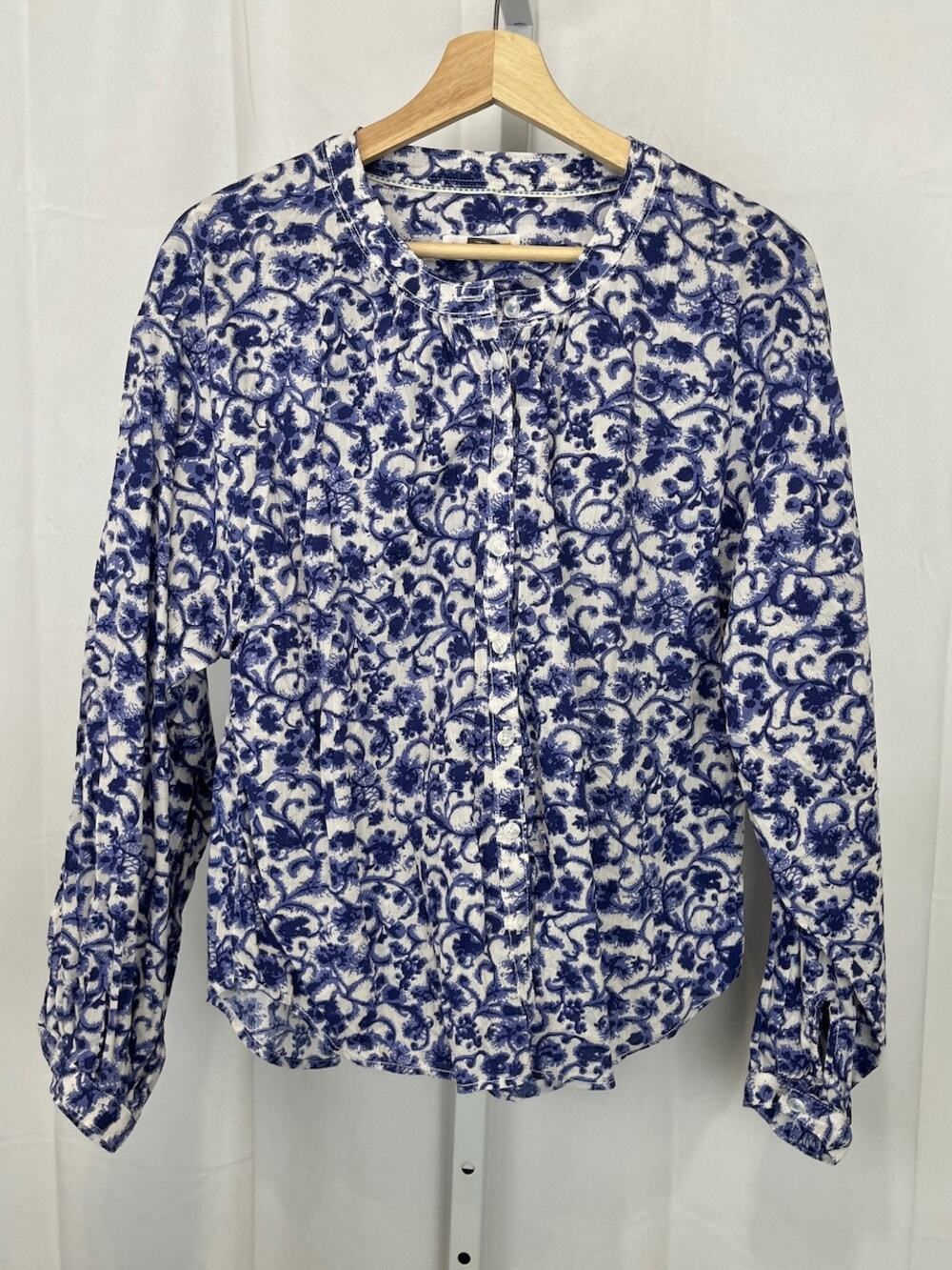 PILCRO Anthropologie Floral Button Up Top Band Collar Cotton Blend Blue White S